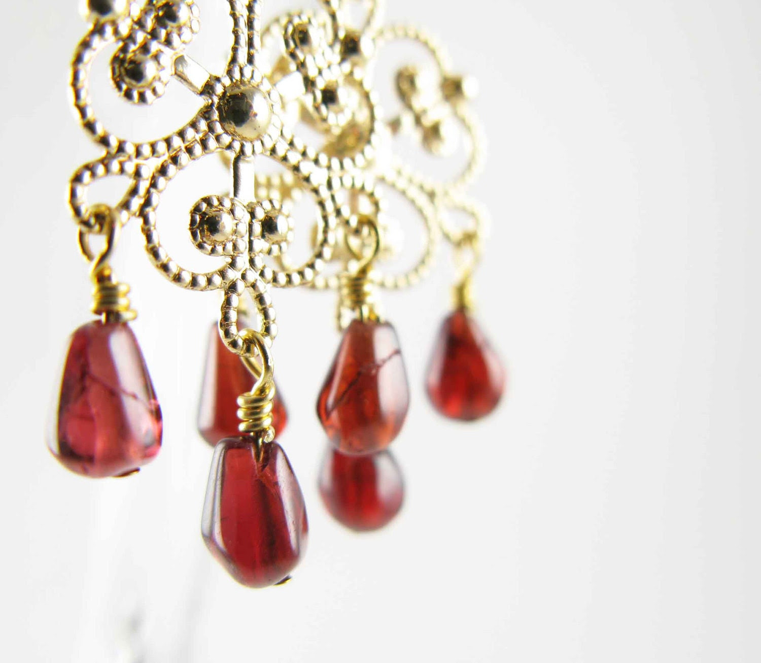 Hand assembled Chandelier earrings - gold plated filigree with garnet drops - Free shipping - mejjewelry