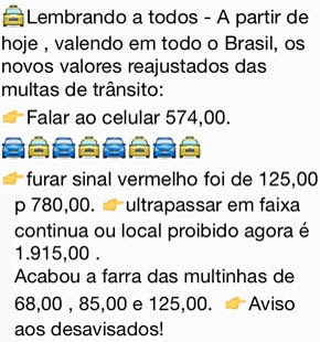 Mensagem sobre novos valores das multas (Foto: Reprodução)