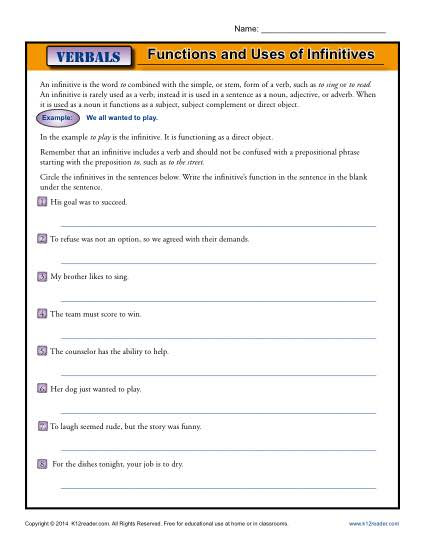 functions and uses of infinitives verbals worksheets