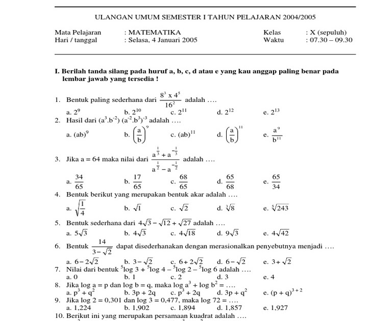 Contoh Latihan Soal: Soal Ujian Matematika Kelas 11 Semester 1