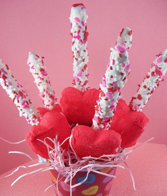 Chocolate Covered Valentine Pretzel Rods With Heart Shaped Marshmallow Peep