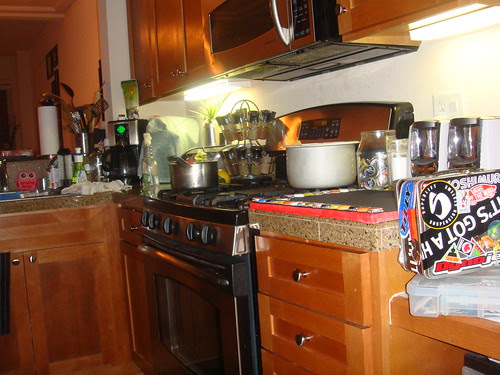 view from my desk into kitchen