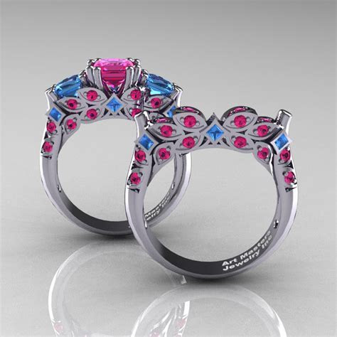 Classic 14K White Gold Three Stone Princess Pink Sapphire Classic 14K White Gold Three Stone Princess Pink Sapphire