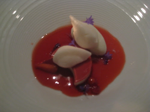 French Laundry - August 2009 - Lemon Verbena "Vacherin" with Tellicherry Pepper Panna Cotta, Lemon Verbena Sherbert and Chilled Silverado Trail Strawberry Consumme