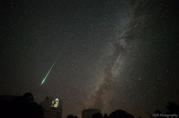 A very bright fireball from the Perseid meteor shower, along with the Otto Struve Telescope from the McDonald Observatory in Texas and the Milky Way. Credit and copyright: Sergio Garcia Rill/SGR Photography. 