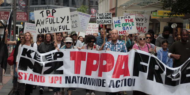 Anti-TPP protesters have gathered in front of the Governor-General's residence in Wellington. Photo / Callum Osborne