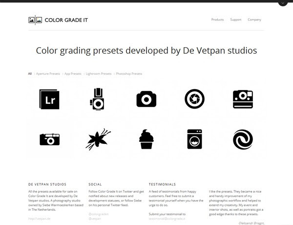 Clean website design example: Color Grade It