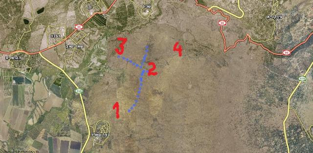 מפת המסע (הנקודות הכחולות - מסלול ההליכה). 1. גבעת האם. 2. מוצב בורג' בביל. 3. מוצב תל עזזיאת. 4 תל פאחר