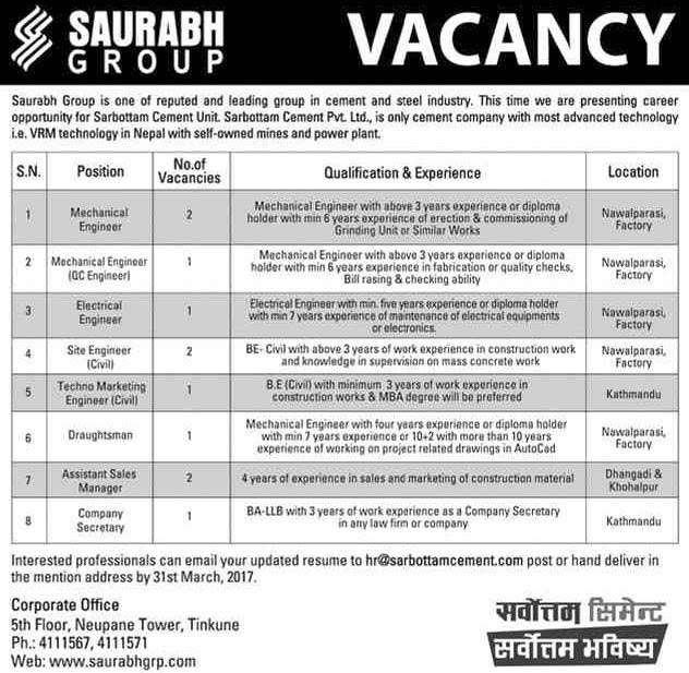 Engineer/Sub-Engineer Jobs(8 nos.) Vacancy @ Sarbottam Cement, Saurabh