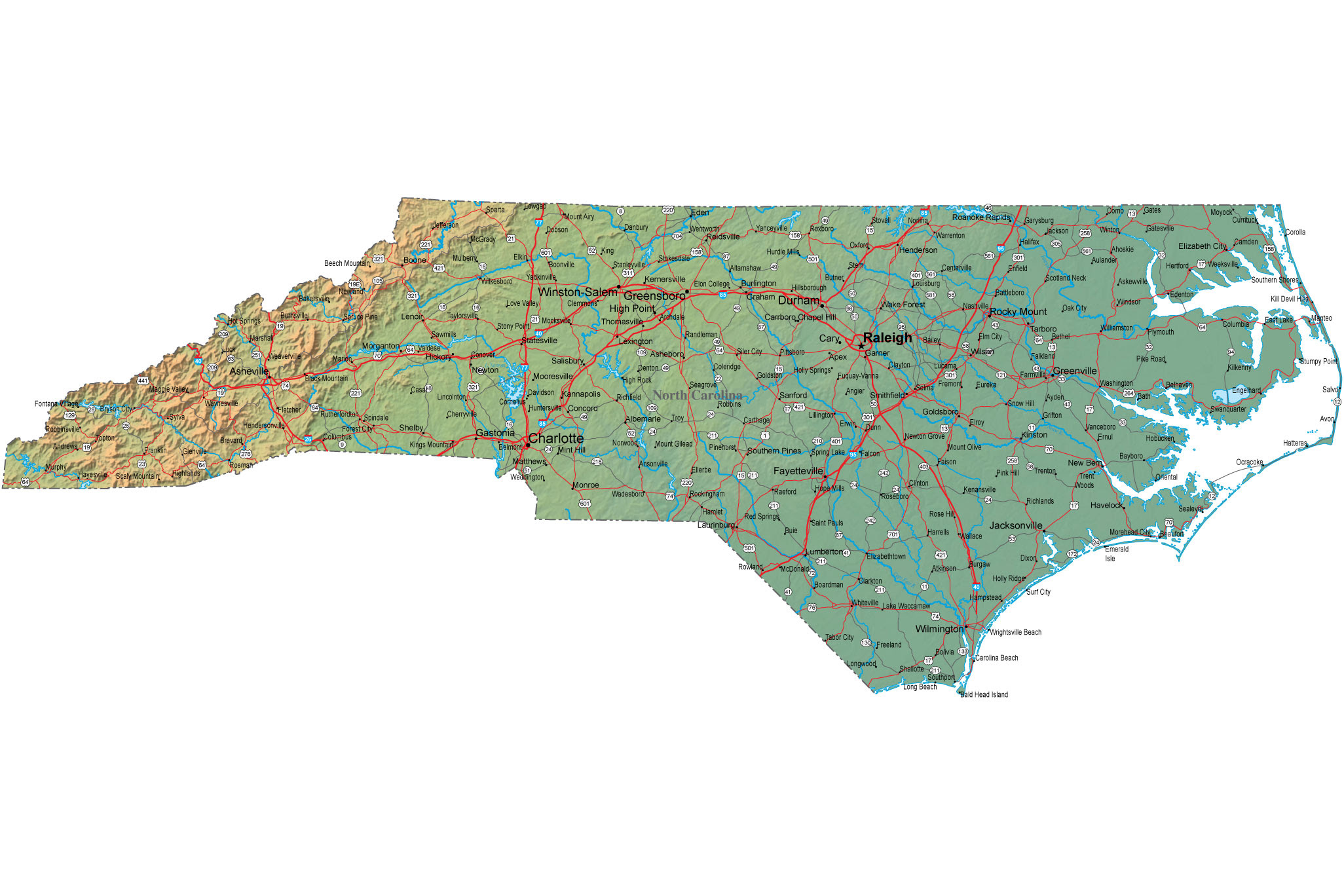 Detailed North Carolina Map NC Terrain Map ~ mapfocus
