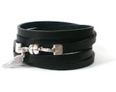 black leather wrap bracelet, unisex, silver angel wings, leather cord, boho, rocker style - jcudesigns