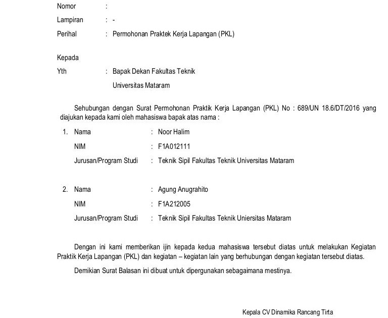 Contoh Surat Balasan Kerja Praktek Dari Perusahaan 