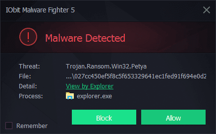 IObit Malware Fighter 5 detected & blocked Petya/GoldenEye
