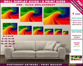 Wall Display Guide | 9 Print Sizes Photoshop Mockup | 24x36 20x30 16x24
