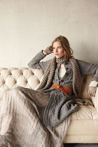 Long sweater, long skirt, scarf, earthy neutrals, knits, wool, cotton, layering for the cool, colder days nights. Favorite time for fashion style is the fall winter time due to being able to layer having that warm feeling of being bundled up in such comfy clothes.