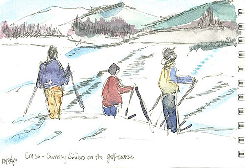 Cross-country skiiers on the golf course, Lake Placid, NY