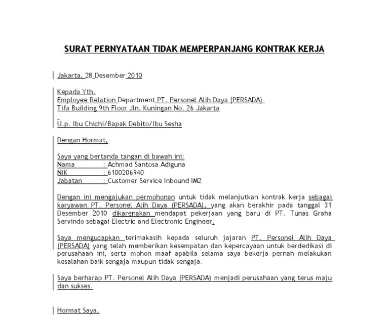 Contoh Surat Pemutusan Kontrak Sewa