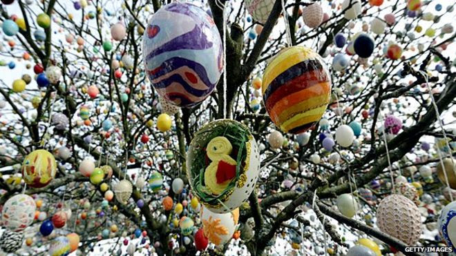 Easter eggs hanging on a tree