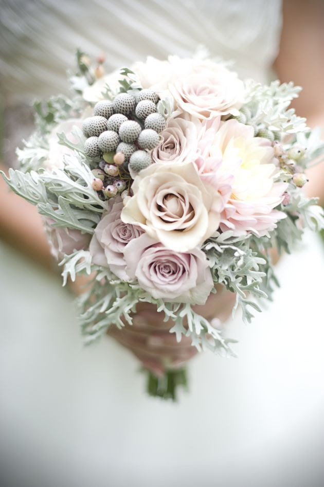Pastel wedding bouquet - dahlias, amnesia roses, ivory roses, brunia and dusty miller. #wedding #bouquet