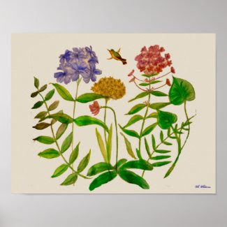 Botanical Illustration with Plants and Bird Poster