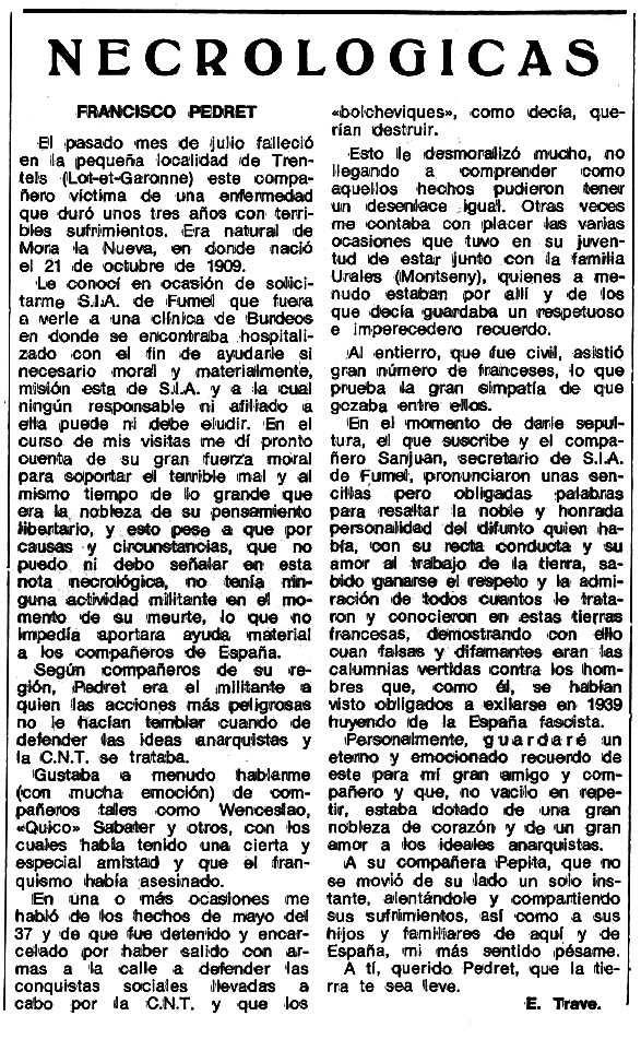 Necrològica de Francesc Pedret Serres apareguda en el periòdic tolosà "Espoir" del 16 d'octubre de 1978