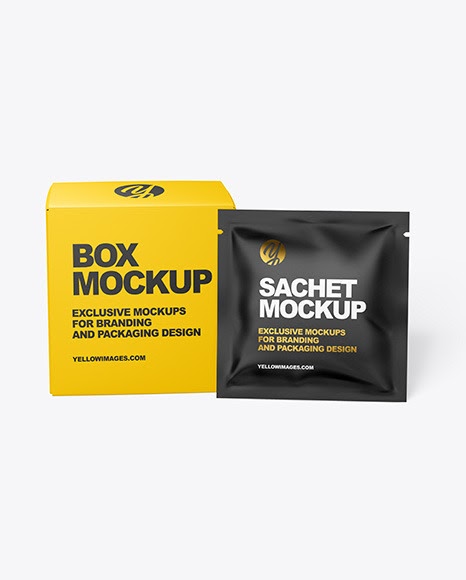 Download Kraft Paper Box With Metallic Sachet Mockup Paper Box With Matte Sachet Mockup In Box Mockups On Yellow PSD Mockup Templates