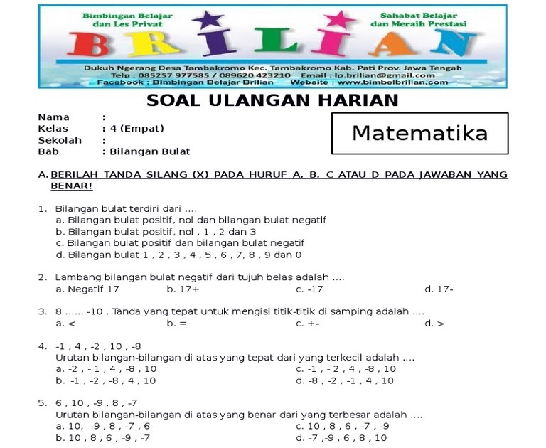 Contoh Soal Bilangan Bulat Positif Dan Negatif Kelas 6 - Kunci Ujian