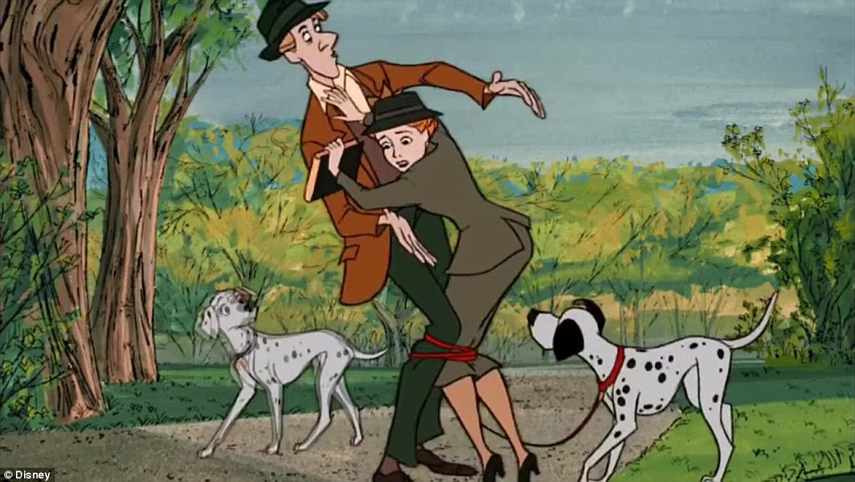 Movie magic: In the Disney film, central characters Roger and Anita's romance begins when his dalmatian Pongo ties them together