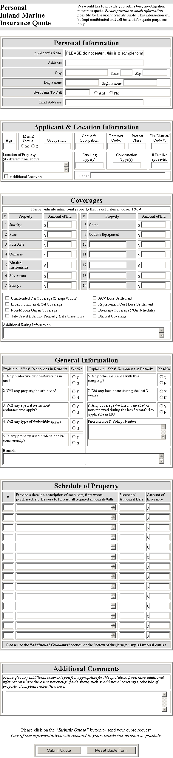 Personal Inland Marine Insurance Quote