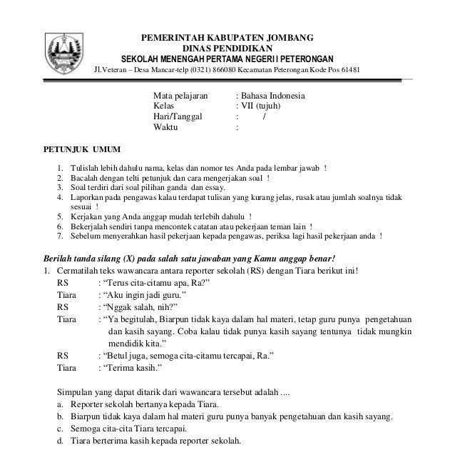 Contoh Soal Bahasa Indonesia Kelas 7 Semester 1 - Guru Paud