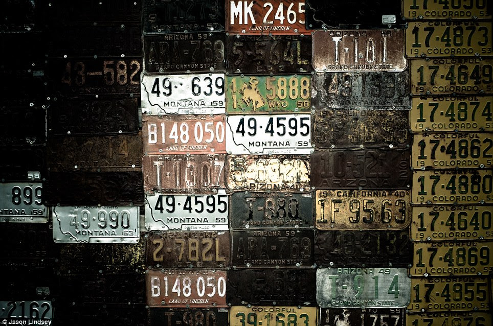 License plates from Montana, Colorado and Arizona adorn a wall
