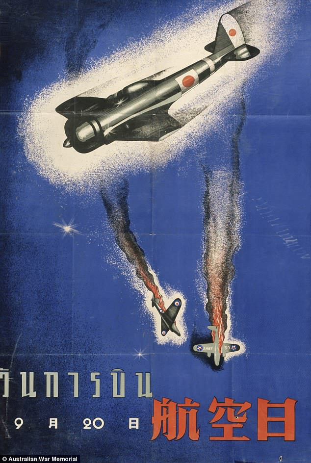 This Japanese propaganda poster from World War II depicts a victorious Japanese aircraft, possibly intended to be a Zero, and two burning American aircraft, possibly intended to be Curtiss P-40 Kittyhawks, in combat. The American aircraft seem headed for watery graves 