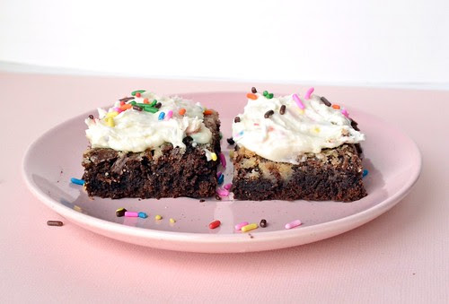 dense, chewy brownies with cake batter frosting