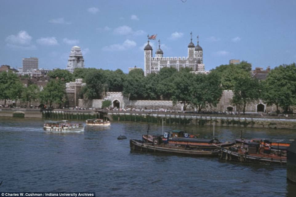 Charles Cushman took this photograph on a hot summer's day in 1961. The Tower of London can be seen in the background as boats cruise up and down the River Thames. One of them appears to be carrying a group tourists, eager to see the sights and sounds of London from the river 