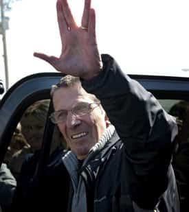 Leonard Nimoy, who played Spock in the original Star Trek series, waves to his fans in Vulcan, Alta. 