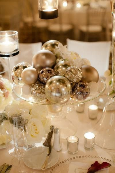 Add shimmer and sparkle to a winter wedding with a centerpiece of ornamental glass balls. Surround with tea lights and your table will be aglow.