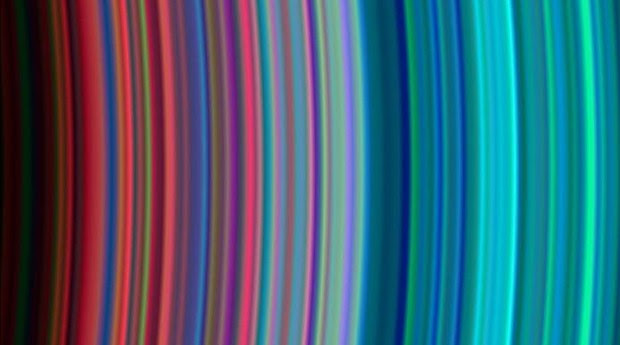 Trechos dos anéis B e C de Saturno, fotografados pela sonda Cassini. As cores diferentes são resultado das diferenças de composição entre os anéis (Foto: ESA)