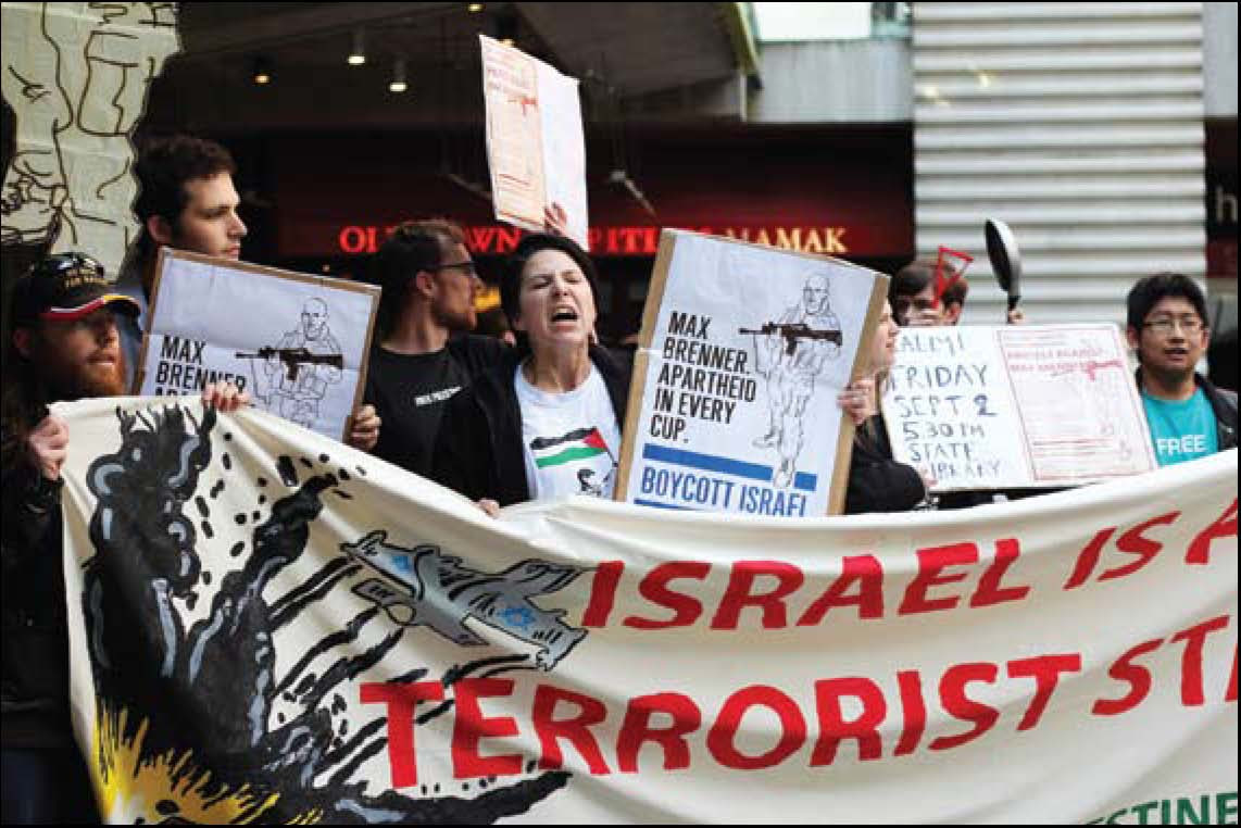 Protesters boycott a branch of Israeli chocolatier Max Brenner in Melbourne, Australia, in 2012. BDS mobs assaulted local police, leading to arrests of protesters and a repudiation by Australian Jewish leaders.