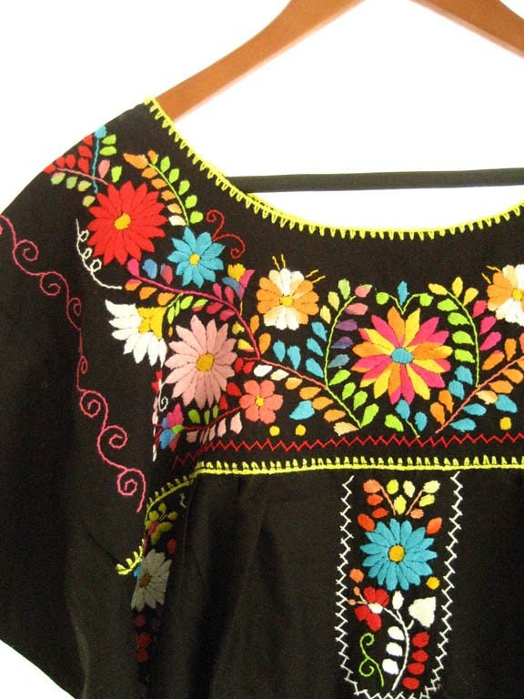 MExican embroidered dress Unique and 1980 s colorful color combintation over BLACK up to XL
