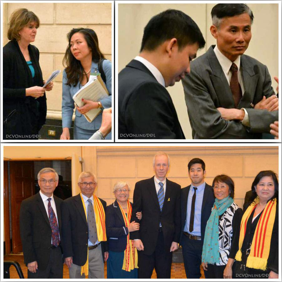 Hai hìn trên: Những người không ủng hộ Dự luật S-219: NguElizabeth McIninch, Nguyễn Hoàng Đài Trang, và các ông Nguyễn Văn Hoàng, Đỗ Bằng Trác. Hình dưới: Những nười ủng hộ: Các ông Lê Duy Cân, Lâm Văn Bé, Bà Đặng Thị Danh, dân biểu Stephan Dion, moojtcue dân Toronro, các bà Lâm Hồng Hà, Lê Thanh Nghị, Nguồn ảnh: DCVOnline | Dương Đất Lạnh