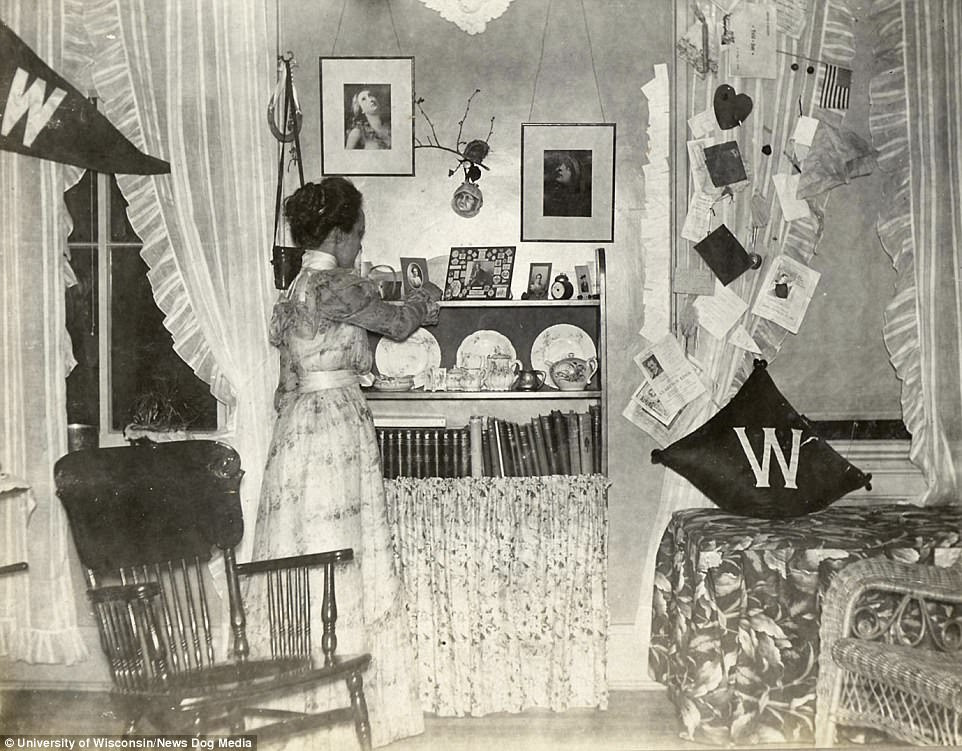 Lelia Bascom's dorm room in Chadbourne Hall, 1898 which was beautifully decorated with fine China at the University of Wisconsin 