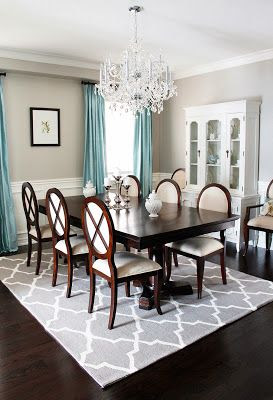 AM Dolce Vita: Dining Room Chandelier Reveal, dining room crystal chandelier, trellis area rug, double pedestal dining room, oval back Louis dining chairs