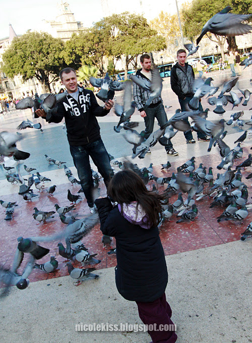 man and little girl and pigeons