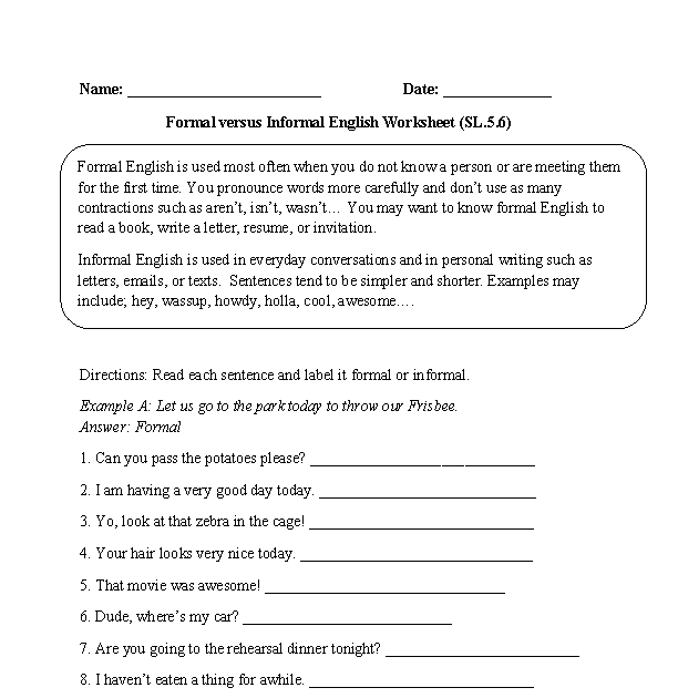 5th Grade English Subject Worksheet