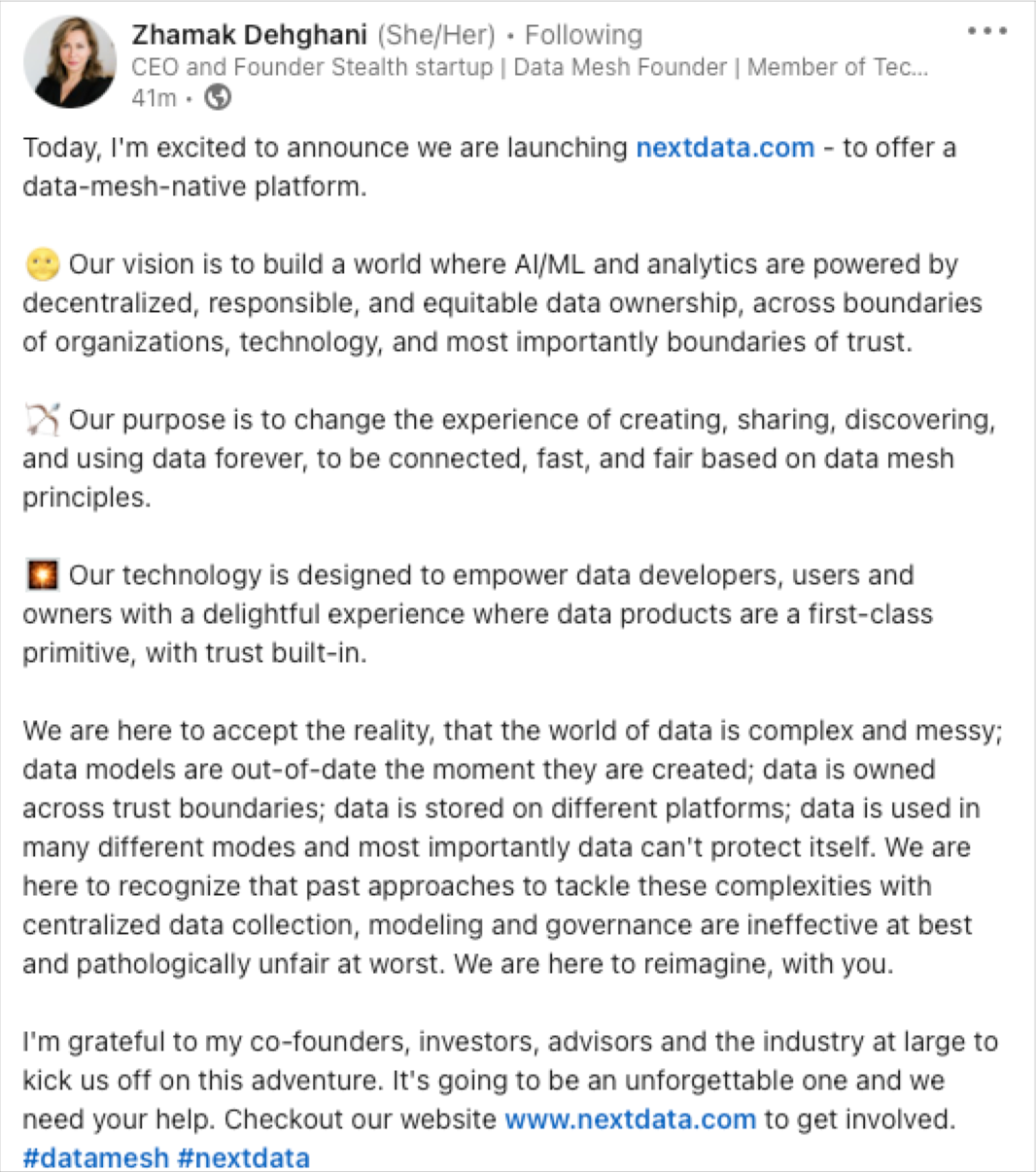 Data mesh creator Zhamak Dehghani's LinkedIn post announcing next data.