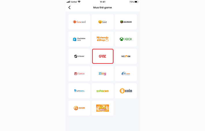 Lựa chọn thẻ Gate trên ví 9Pay
