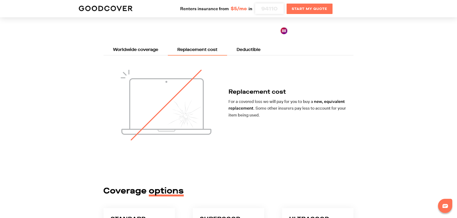 Screenshot of Goodcover’s Replacement Cost Coverage.
