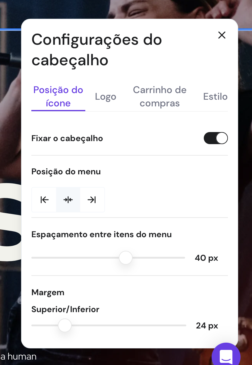 configurações do cabeçalho no criador de sites da hostinger