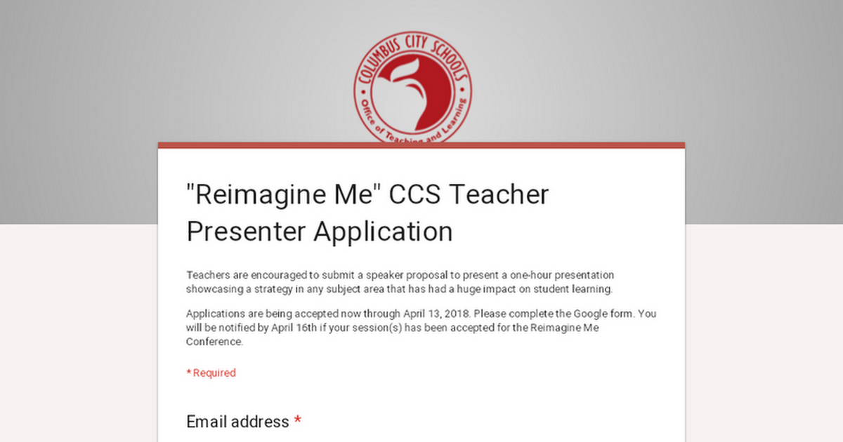 "Reimagine Me" CCS Teacher Presenter Application