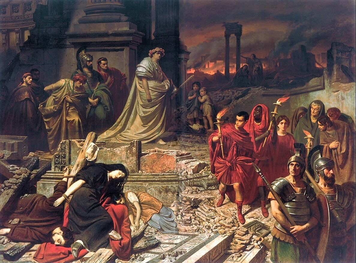 Toniewyrocznia.pl, obraz Neron na zgliszczach Rzymu / Neron ogląda płonący Rzym, Carl Theodor von Piloty, ok. 1861, źródło